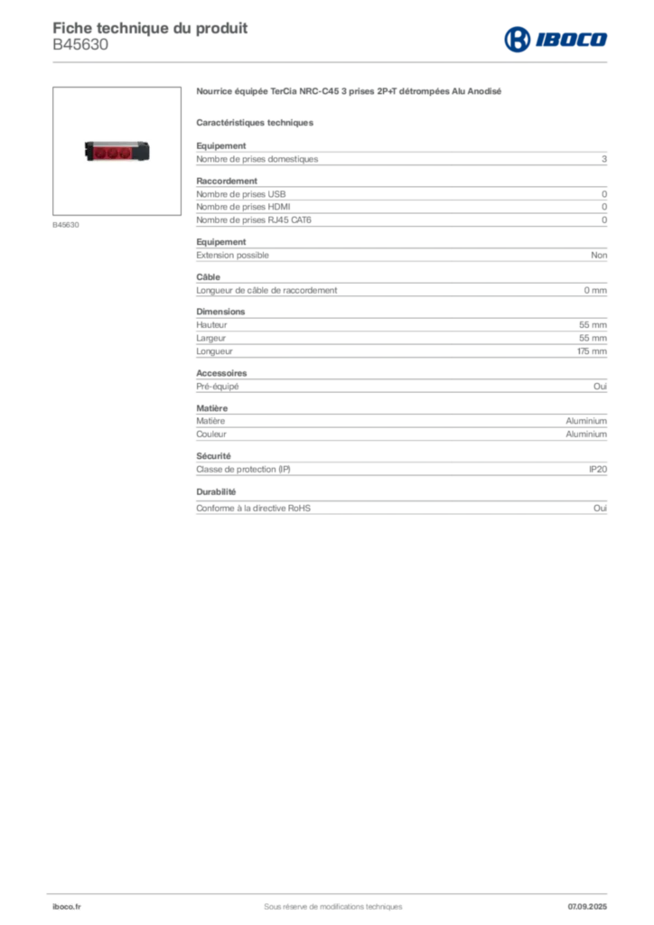 Image Iboco Fiche technique du produit B45630 | Hager France
