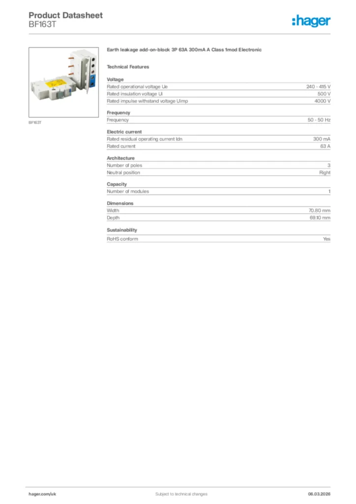 Image Hager Product data sheet BF163T  | Hager