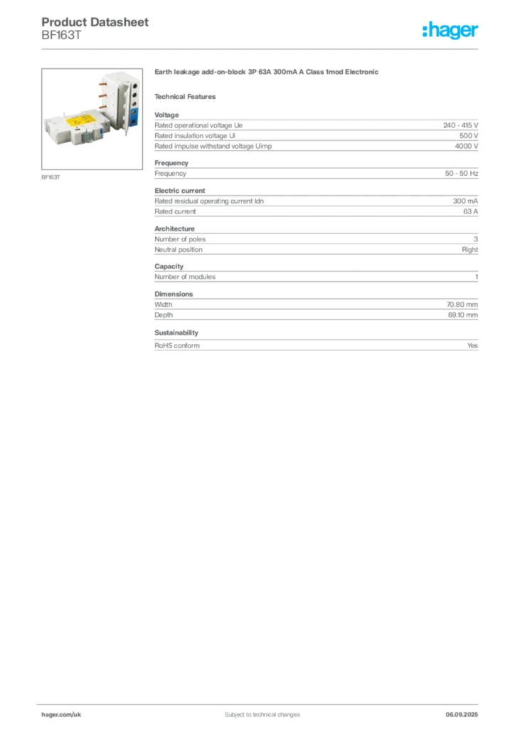 Image Hager Product data sheet BF163T  | Hager