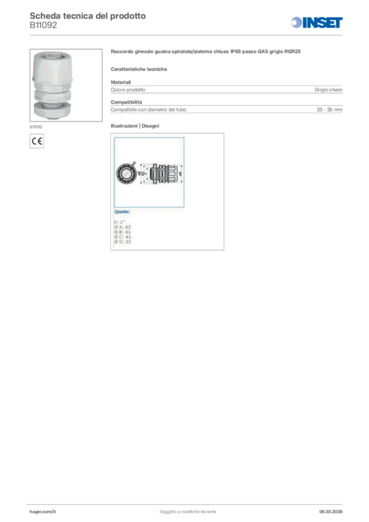 Immagine Inset Scheda tecnica del prodotto B11092 | Hager Italia