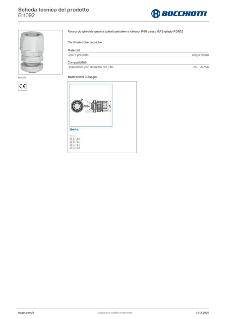 Immagine Bocchiotti Scheda tecnica del prodotto B11092 | Hager Italia