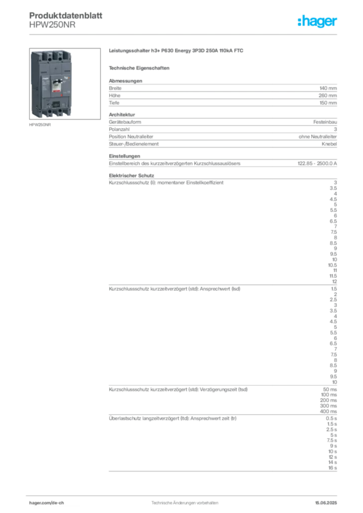 Bild Hager Produktdatenblatt HPW250NR | Hager Schweiz