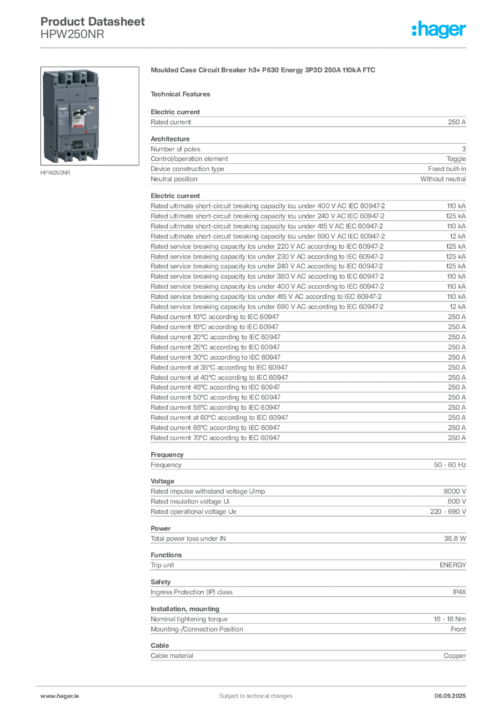 Image Hager Product data sheet HPW250NR  | Hager