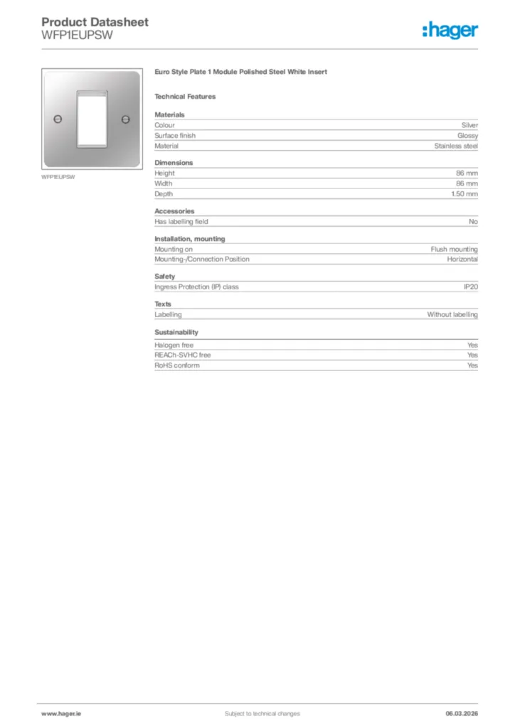 Image Hager Product data sheet WFP1EUPSW  | Hager
