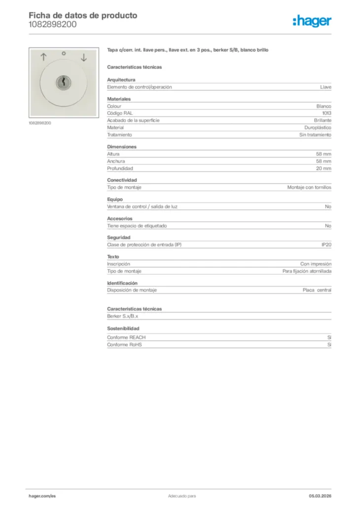 Imagen Hager Ficha de datos de producto 1082898200 | Hager España