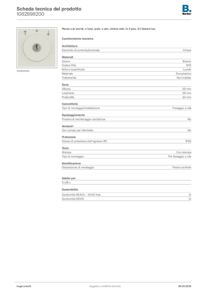 Immagine Berker Scheda tecnica del prodotto 1082898200 | Hager Italia