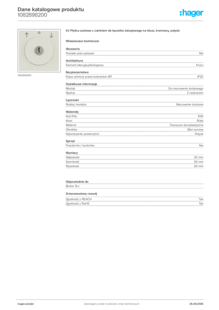 Zdjęcie Hager Karta katalogowa 1082898200 | Hager Polska