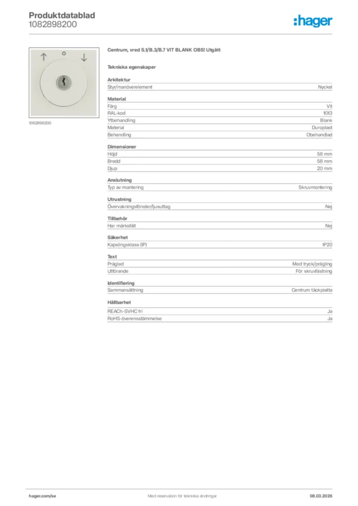 Bild Hager Produktdatablad 1082898200 | Hager Sverige