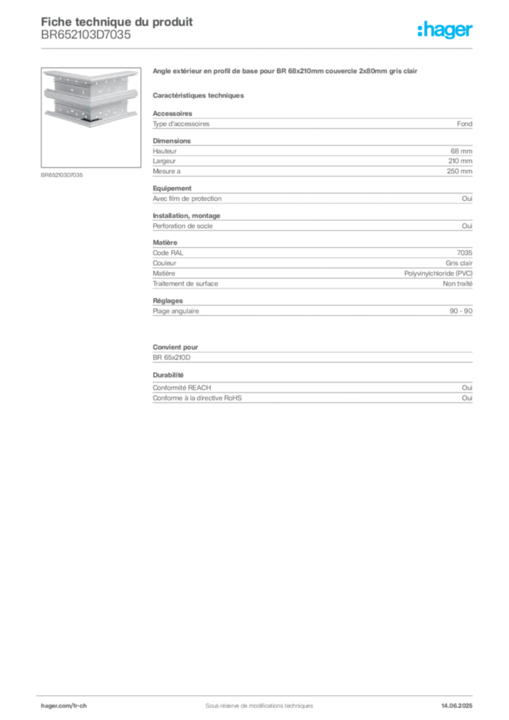 Image Hager Fiche technique du produit BR652103D7035 | Hager Suisse