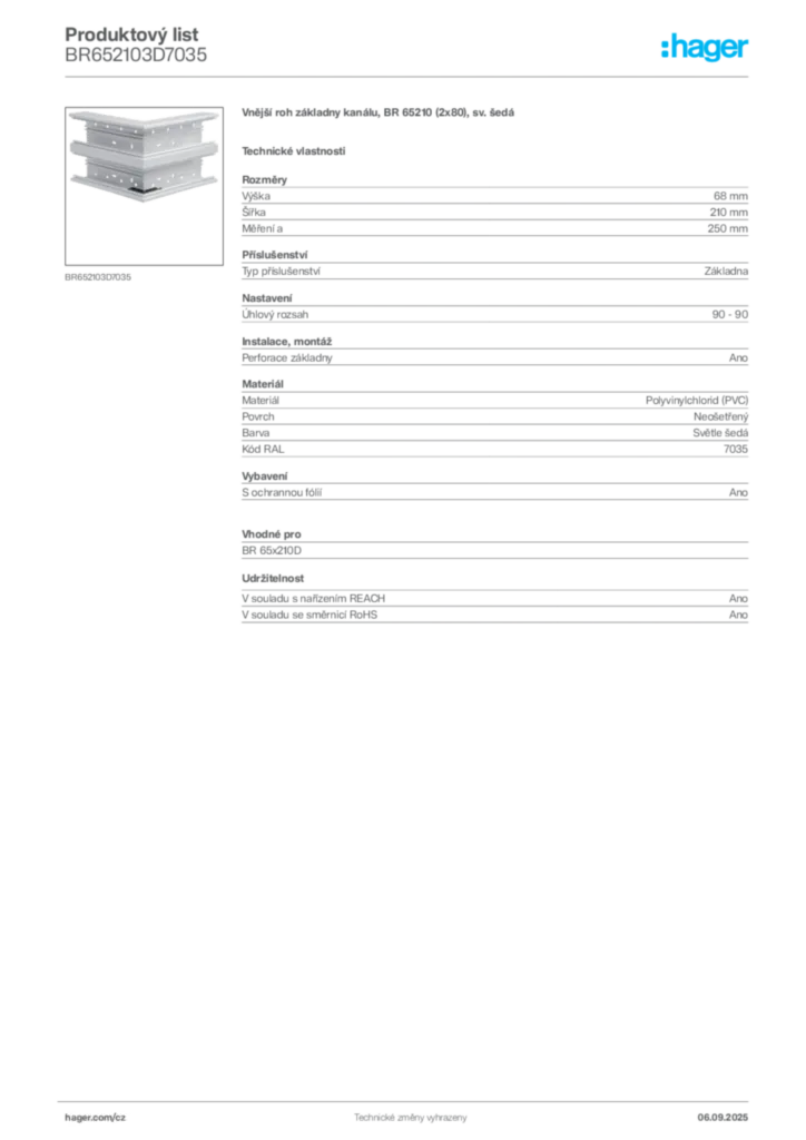 Obrázek Hager Produktový list BR652103D7035 | Hager