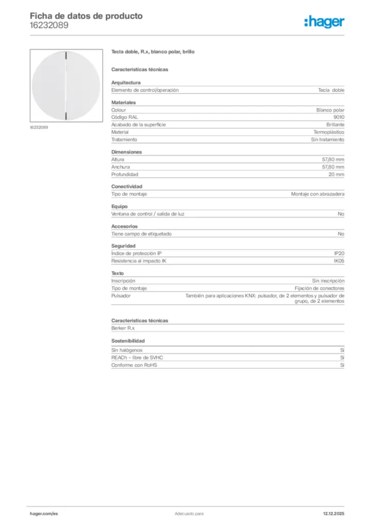 Imagen Hager Ficha de datos de producto 16232089 | Hager España