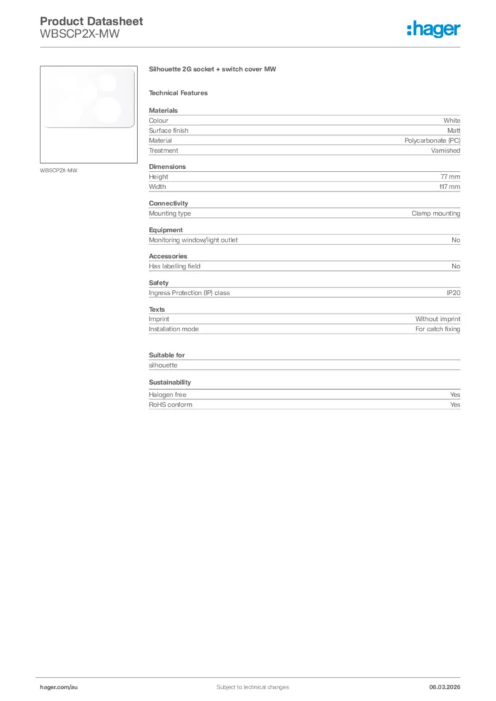 Image Hager Product data sheet WBSCP2X-MW  | Hager Australia