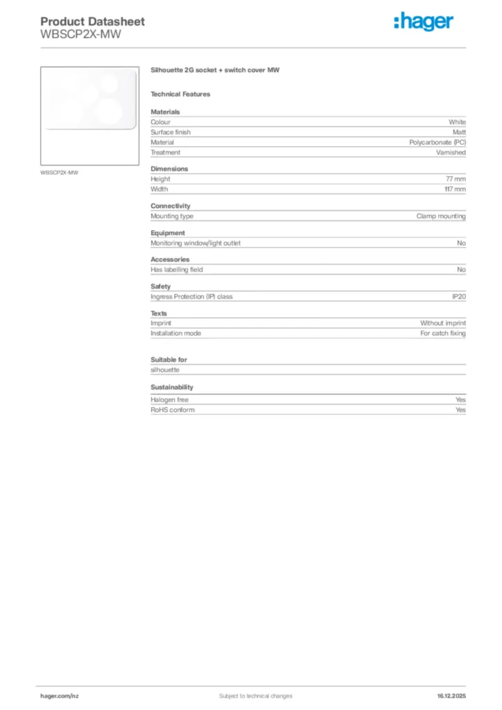 Image Hager Product data sheet WBSCP2X-MW  | Hager New Zealand
