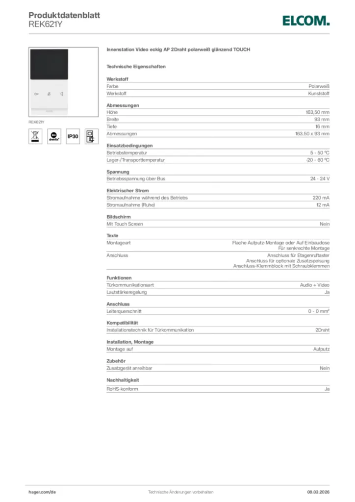 Bild Elcom Produktdatenblatt REK621Y | Hager Deutschland