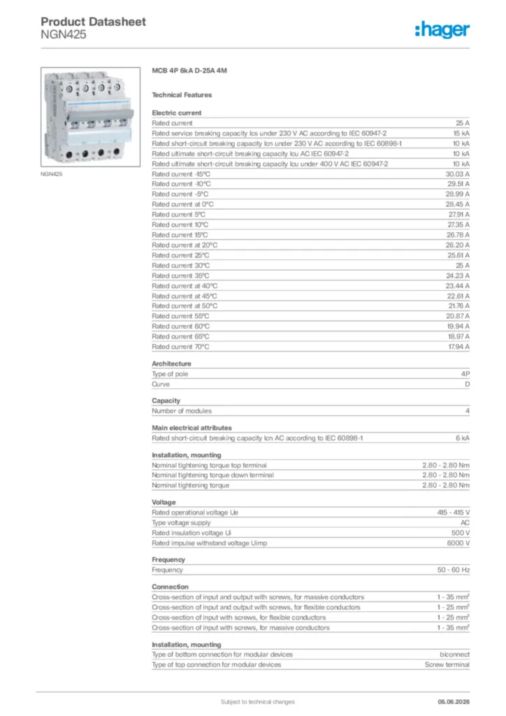 Image Hager Product data sheet NGN425  | Hager Africa