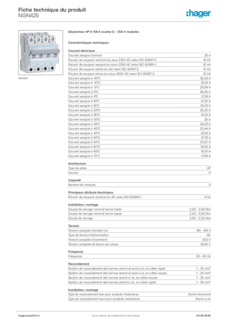 Image Hager Fiche technique du produit NGN425 | Hager Afrique