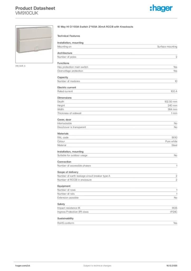 Image Hager Product data sheet VM910CUK  | Hager