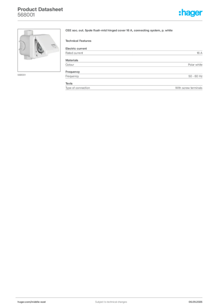 Image Hager Product data sheet 568001  | Hager