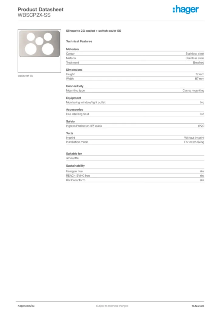 Image Hager Product data sheet WBSCP2X-SS  | Hager Australia