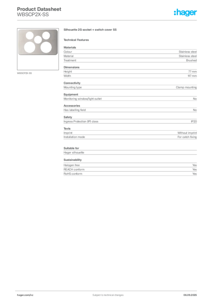 Image Hager Product data sheet WBSCP2X-SS  | Hager New Zealand