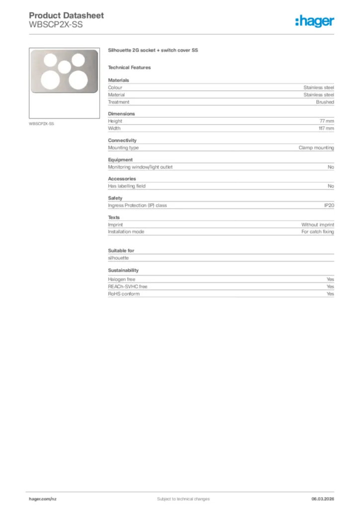 Image Hager Product data sheet WBSCP2X-SS  | Hager New Zealand