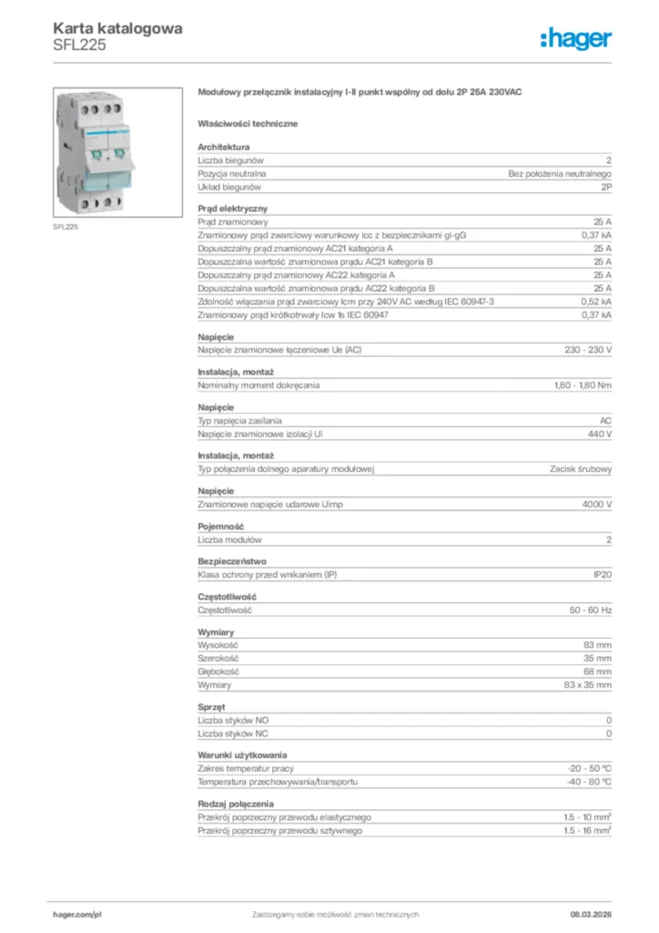 Zdjęcie Hager Karta katalogowa SFL225 | Hager Polska