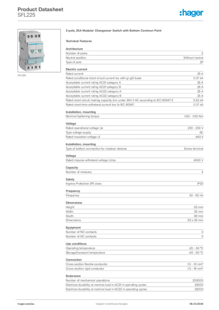 Image Hager Product data sheet SFL225  | Hager Australia