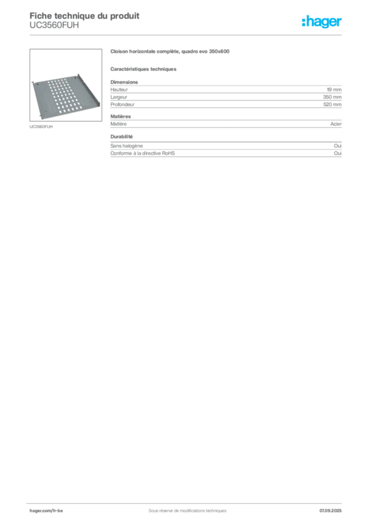 Image Hager Fiche technique du produit UC3560FUH | Hager Belgique