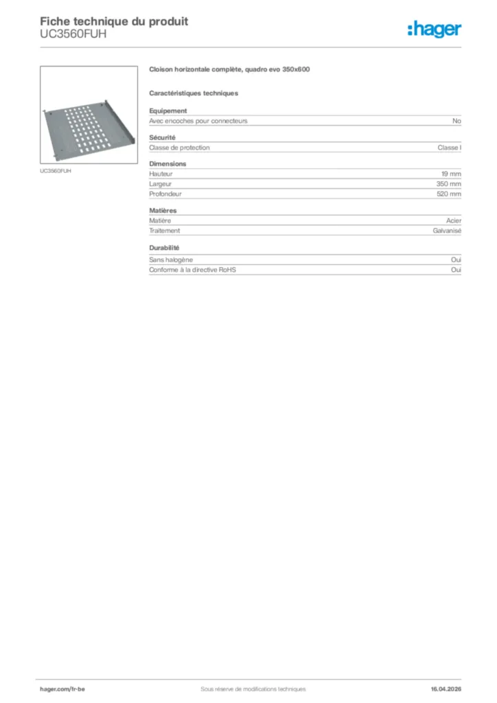 Image Hager Fiche technique du produit UC3560FUH | Hager Belgique