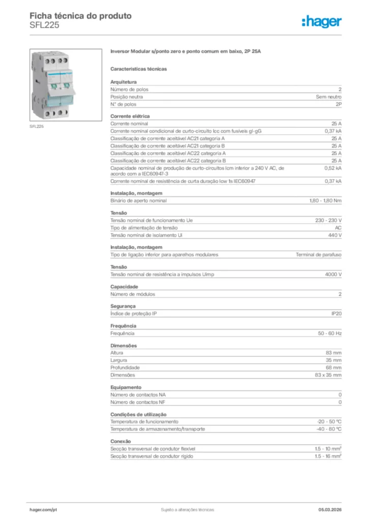 Imagem Hager Ficha técnica do produto SFL225 | Hager Portugal