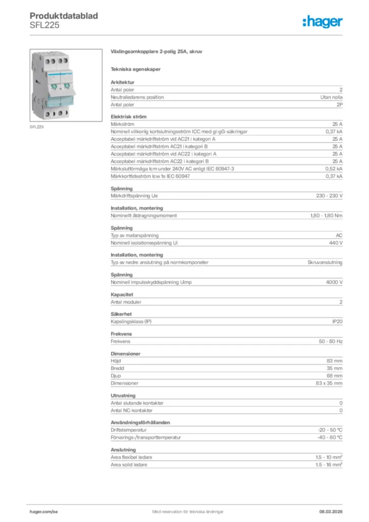 Bild Hager Produktdatablad SFL225 | Hager Sverige