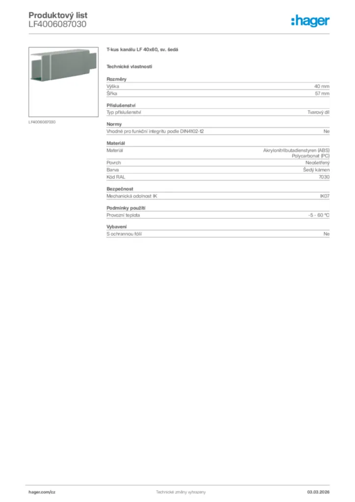 Obrázek Hager Product data sheet LF4006087030 | Hager