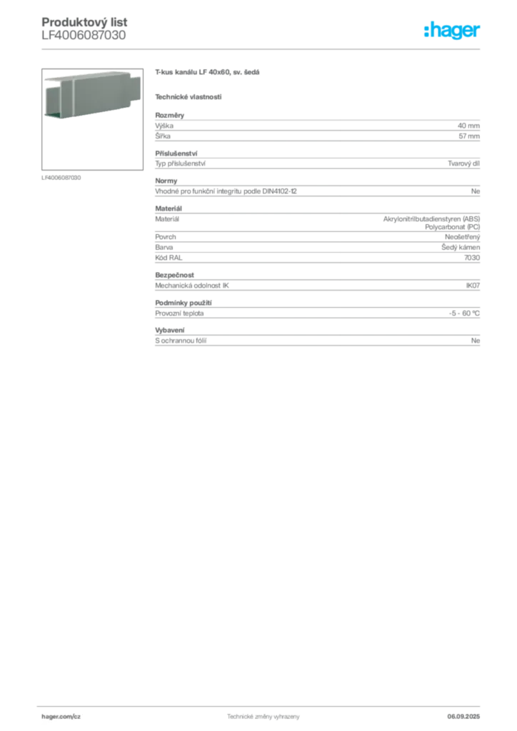 Obrázek Hager Produktový list LF4006087030 | Hager