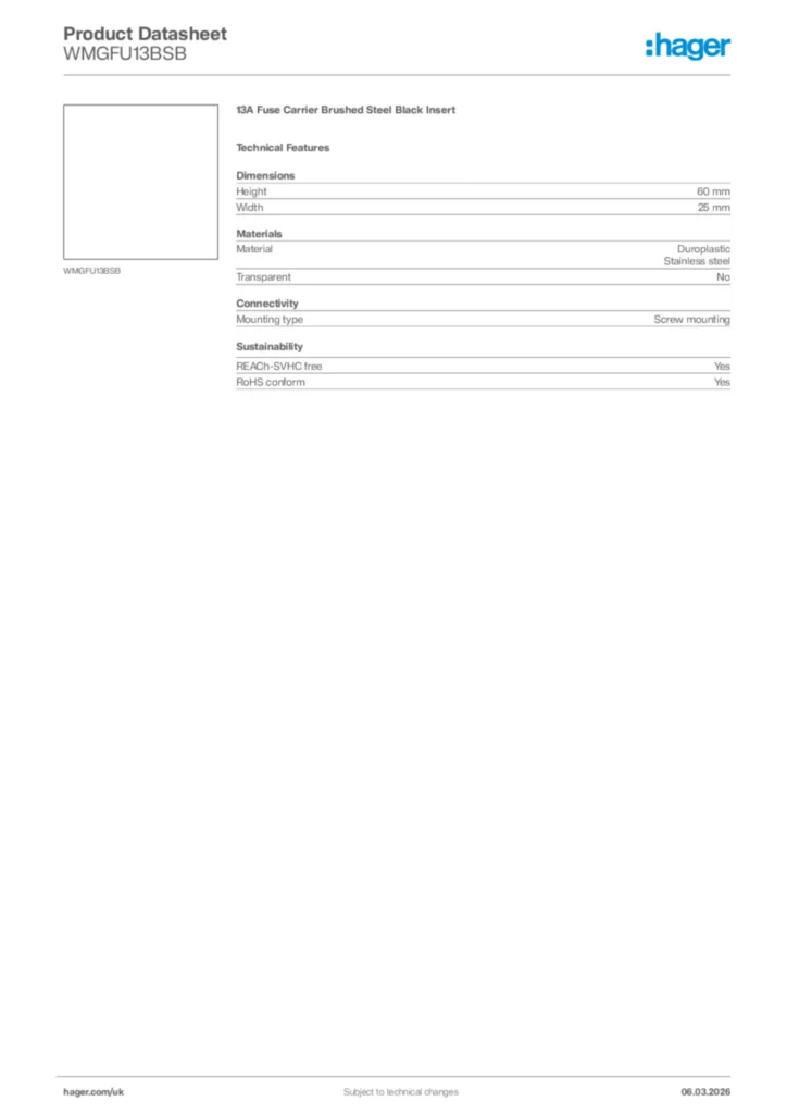 Image Hager Product data sheet WMGFU13BSB  | Hager