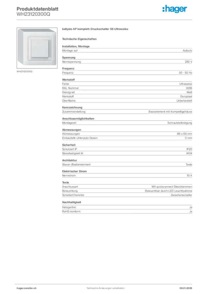 Bild Hager Produktdatenblatt WH23120300Q | Hager Schweiz