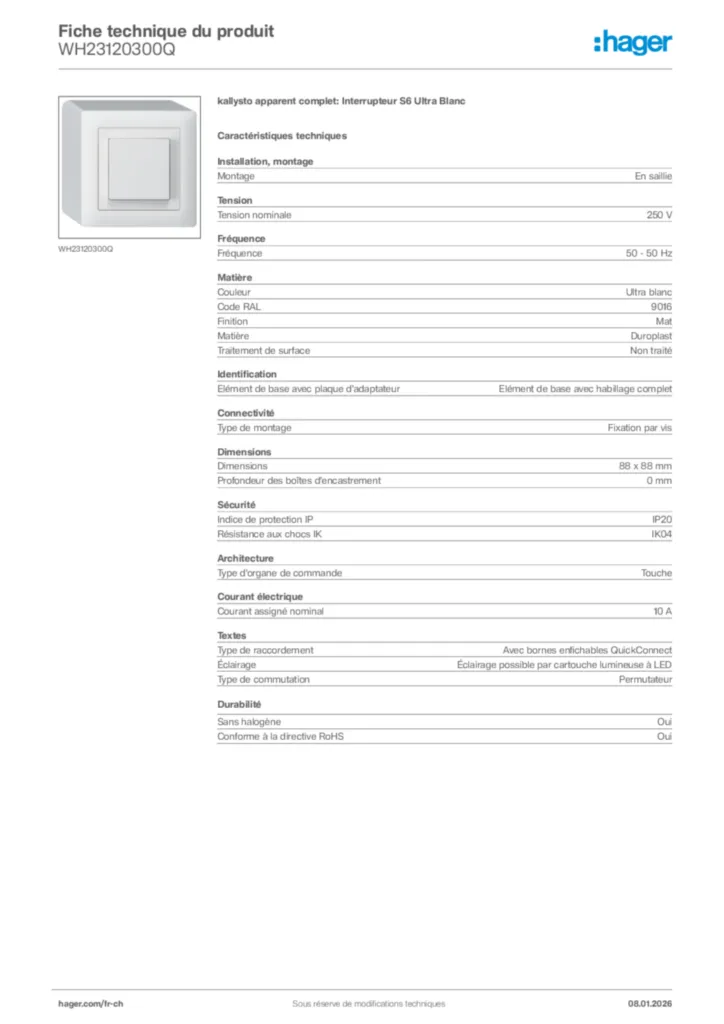 Image Hager Fiche technique du produit WH23120300Q | Hager Suisse