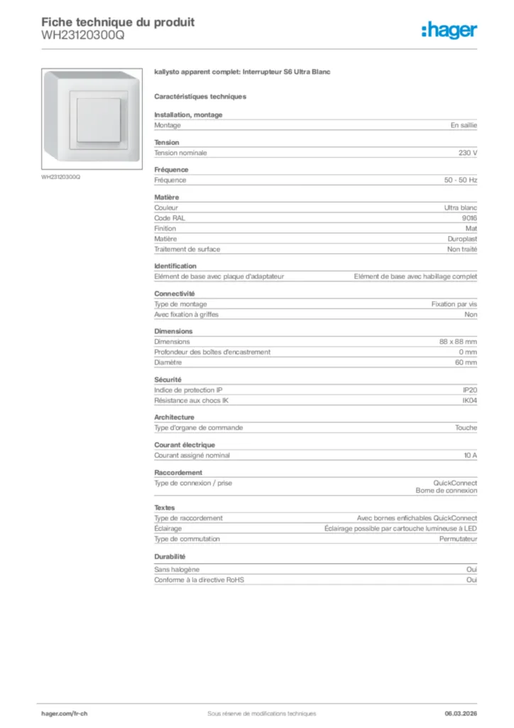 Image Hager Fiche technique du produit WH23120300Q | Hager Suisse