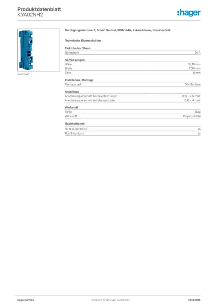 Bild Hager Produktdatenblatt KYA02NH2 | Hager Deutschland