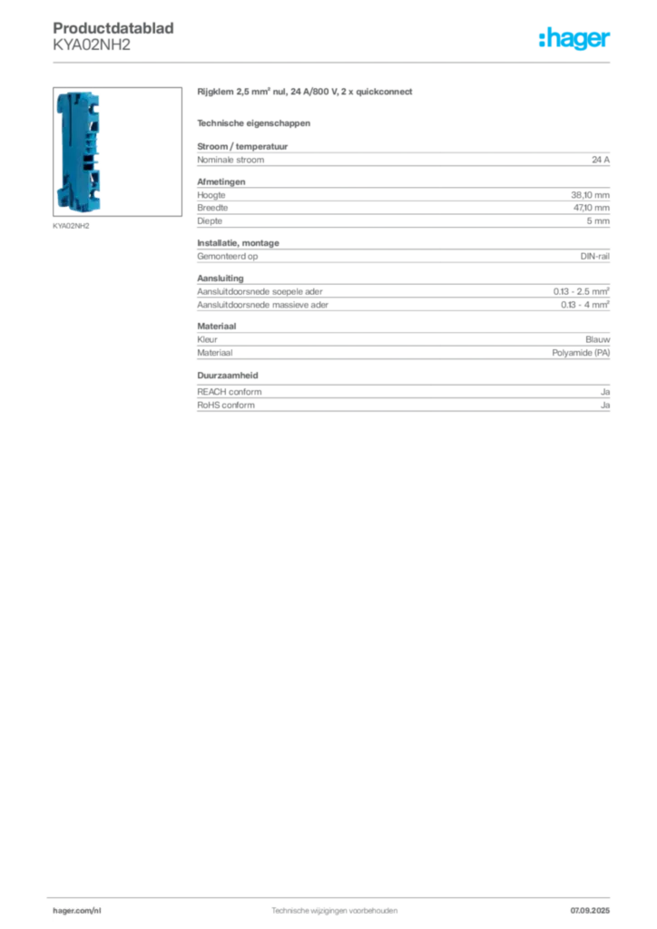 Afbeelding Hager Productdatablad KYA02NH2 | Hager Nederland