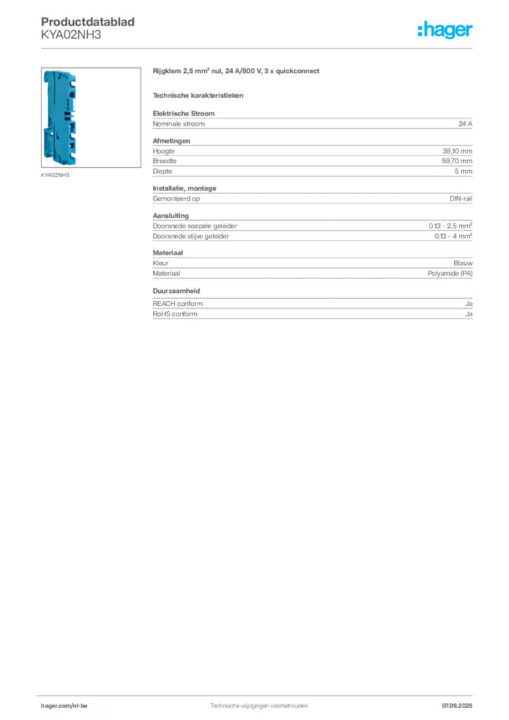 Afbeelding Hager Productdatablad KYA02NH3 | Hager Belgium