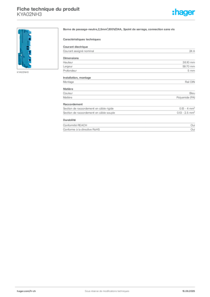 Image Hager Fiche technique du produit KYA02NH3 | Hager Suisse