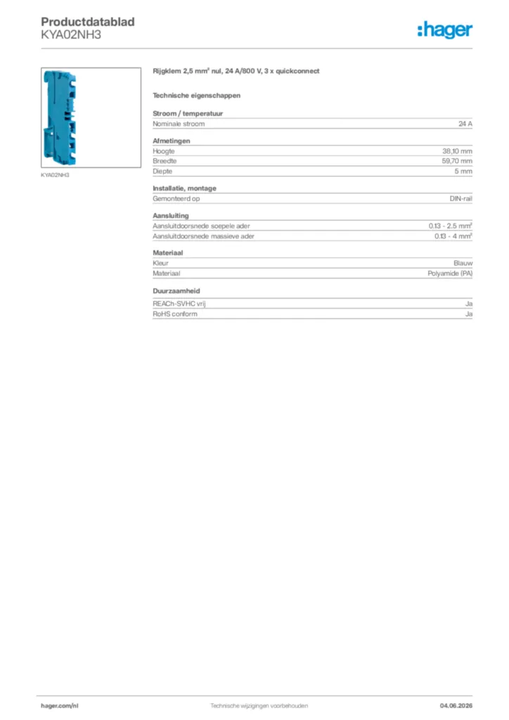 Afbeelding Hager Productdatablad KYA02NH3 | Hager Nederland