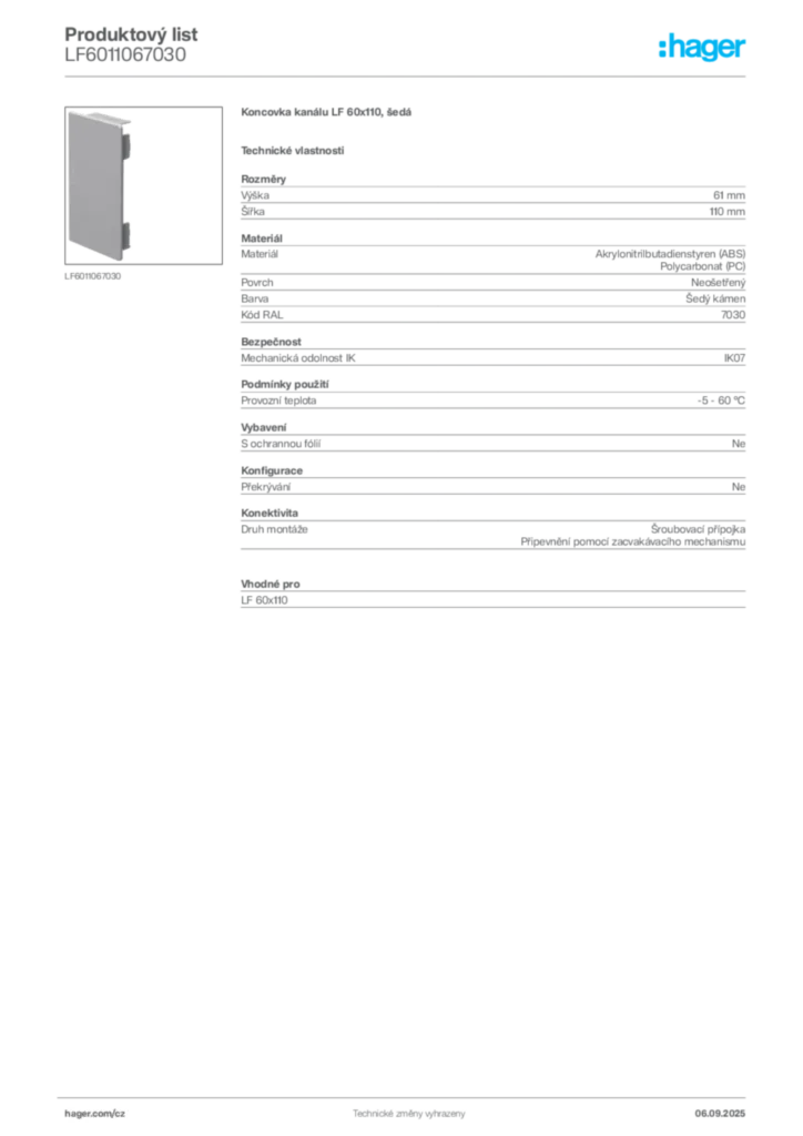 Obrázek Hager Produktový list LF6011067030 | Hager