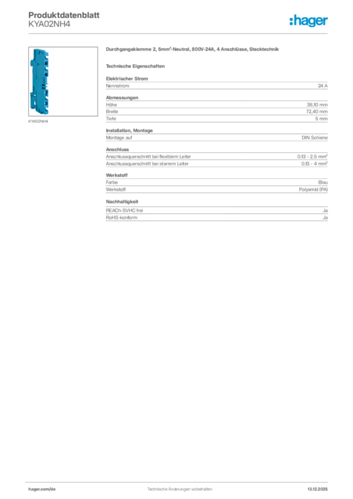 Bild Hager Produktdatenblatt KYA02NH4 | Hager Deutschland