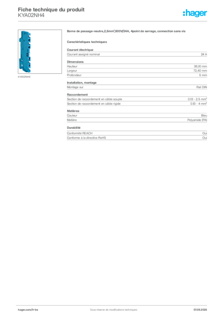 Image Hager Fiche technique du produit KYA02NH4 | Hager Belgique