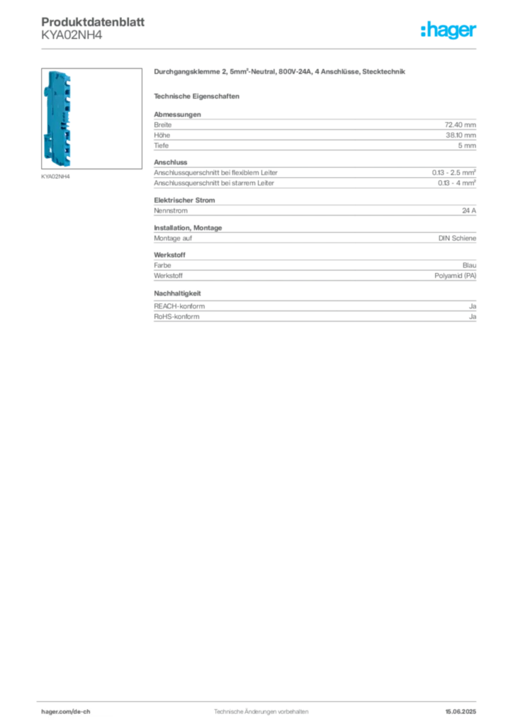 Bild Hager Produktdatenblatt KYA02NH4 | Hager Schweiz