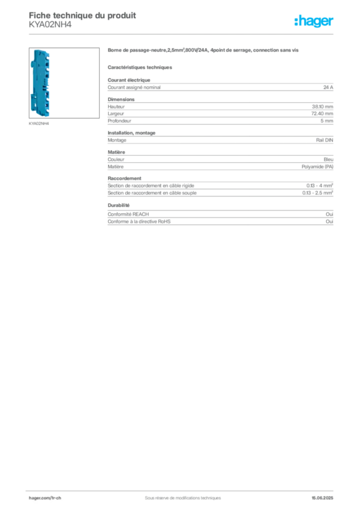 Image Hager Fiche technique du produit KYA02NH4 | Hager Suisse
