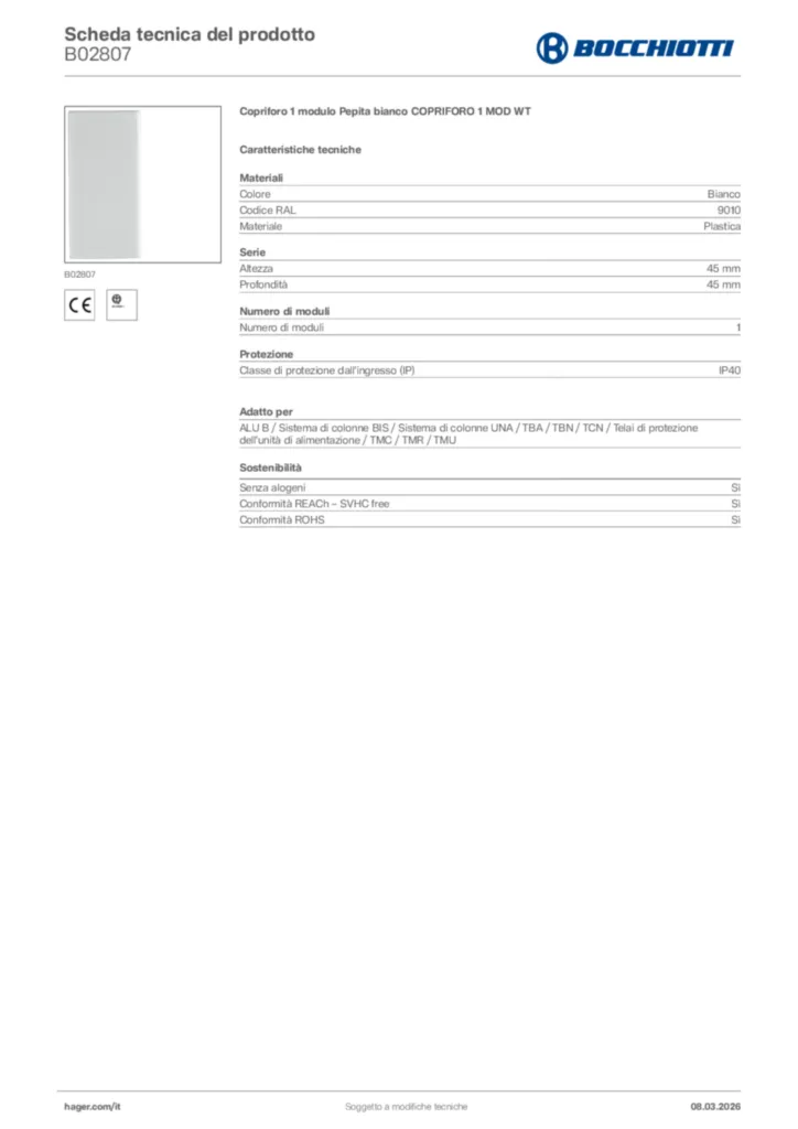 Immagine Bocchiotti Scheda tecnica del prodotto B02807 | Hager Italia
