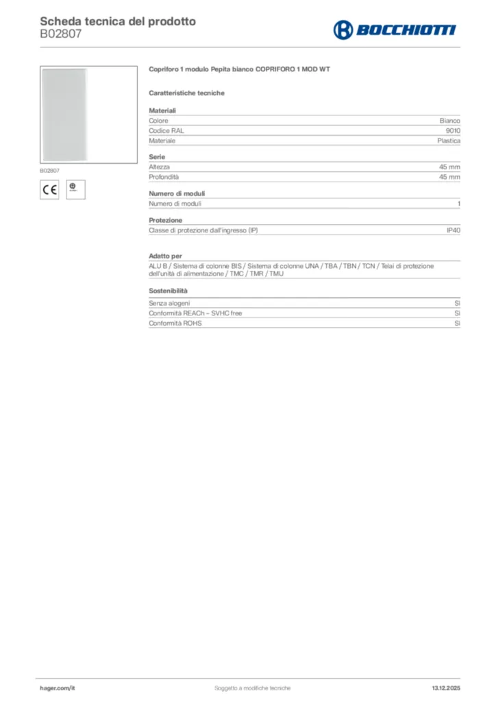 Immagine Bocchiotti Scheda tecnica del prodotto B02807 | Hager Italia