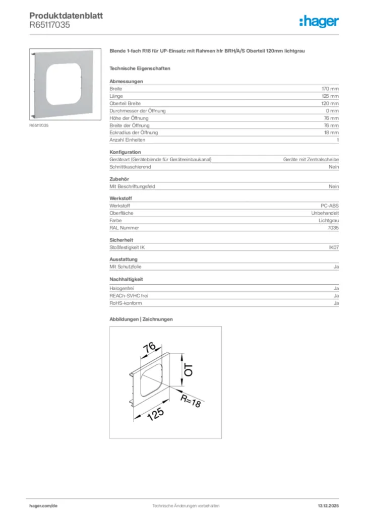 Bild Hager Produktdatenblatt R65117035 | Hager Deutschland